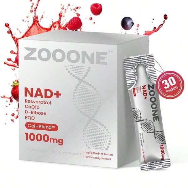 ZOOONE 1000mg NAD+ Berry Flavor Drink Mix For Skin Aging Support, Energy, And Focus - 30 Pack -
