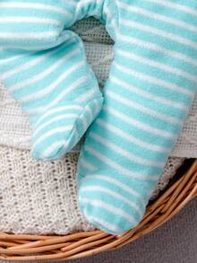 2pcs/Set Newborn Baby Girl Blue & White Striped Kitten Print Round Neck Button Down Long Sleeve Top And High Waist Leggings Outfit, Soft Fabric Comfortable For Daily Wear