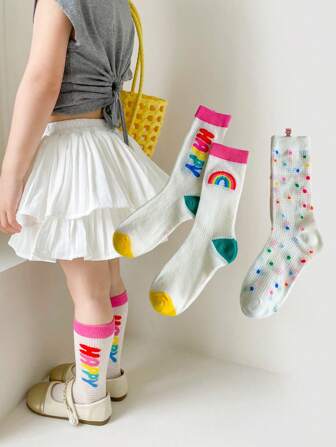 Kids Mesh Breathable Socks, Colorful Rainbow For Girls, Letter For Boys, Mid-Calf Length, Suitable For Spring & Summer
