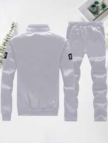 Teenager Grey Letter Print Decoration Ribbed Cuffs And Hem Stand Collar Zip Up Long Sleeve Top And Drawstring Waist Slim Fit Casual Trousers Outdoor Sportswear Set, Spring/Autumn - Light Grey - View 2