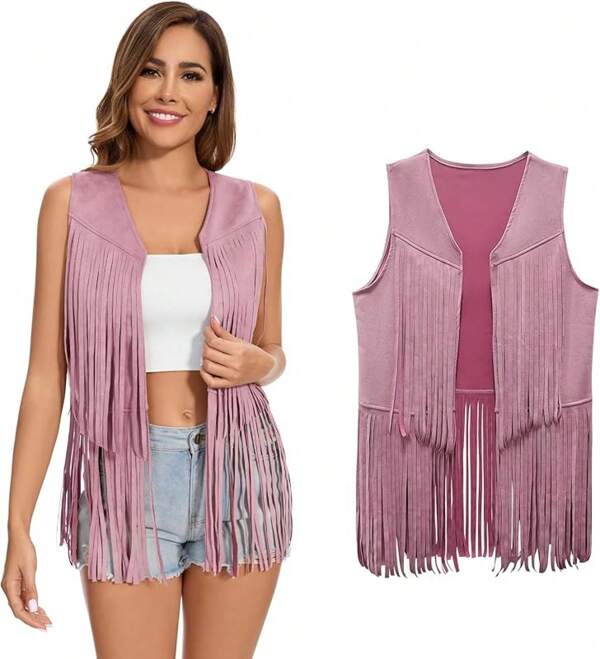 Women's Fringe Vest - 60s 70s Hippie Style, Sleeveless Cowgirl Western Faux Suede Tassel Jacket, Perfect For Hippie Parties  Back-To-School Layered Outfits Fall Clothing