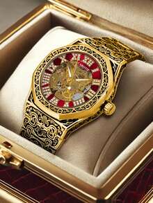 1 件男士复古雕刻钢带、镶嵌钻石、罗马数字、夜光、镂空自动机械腕表