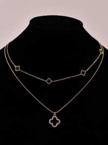 1pc Fashionable Hollow Shell & Floral Clover Necklace, Lucky Charm Jewelry Gift For Women