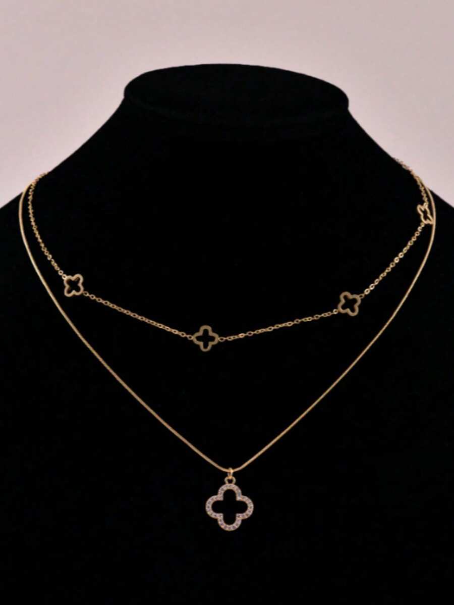 1pc Fashionable Hollow Shell & Floral Clover Necklace, Lucky Charm Jewelry Gift For Women