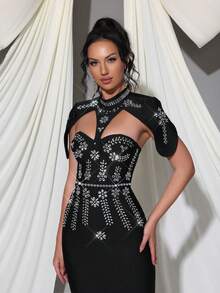 性感奢华重工业闪亮水钻绷带连衣裙，时尚小立领披肩袖设计，镂空紧身露背长裙，优雅派对、婚礼、节日、女士正式晚宴礼服 - 黑色 - 查看 8