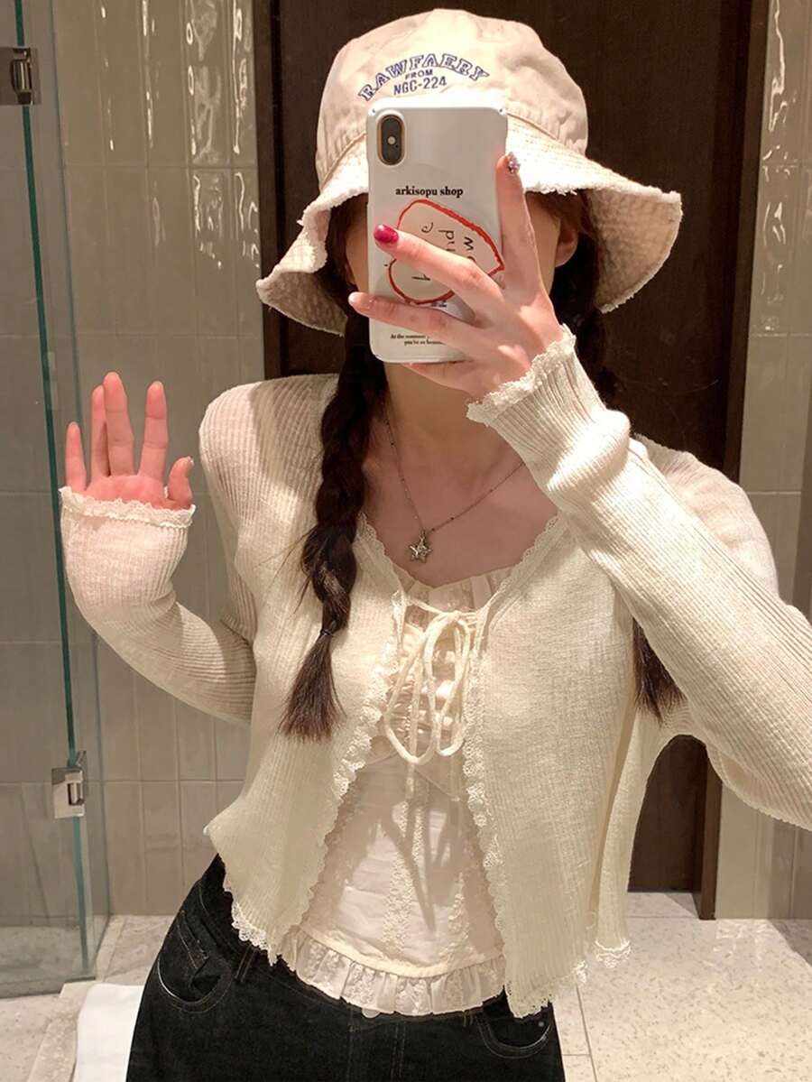 百搭浪漫花卉蕾丝V领系带短款女式开衫,2025年新款 - 杏色 - 查看 1