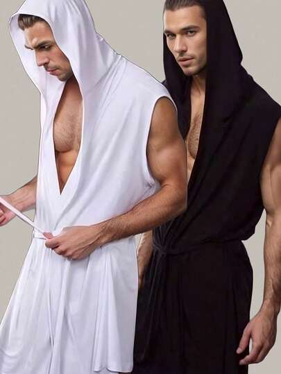 Men's New Pajamas With Hood And Belt, Pure Black And White Two-Piece Casual Comfortable Sexy Home Clothes Robe