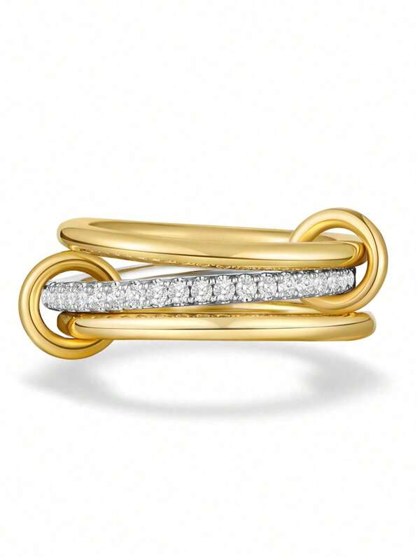 3 Rings Set Elegant Gold Plated Stackable Rings, Cubic Zirconia Gold And Silver Stacked Rings Multi-Link Connected Rings Dainty Rings Set For Women