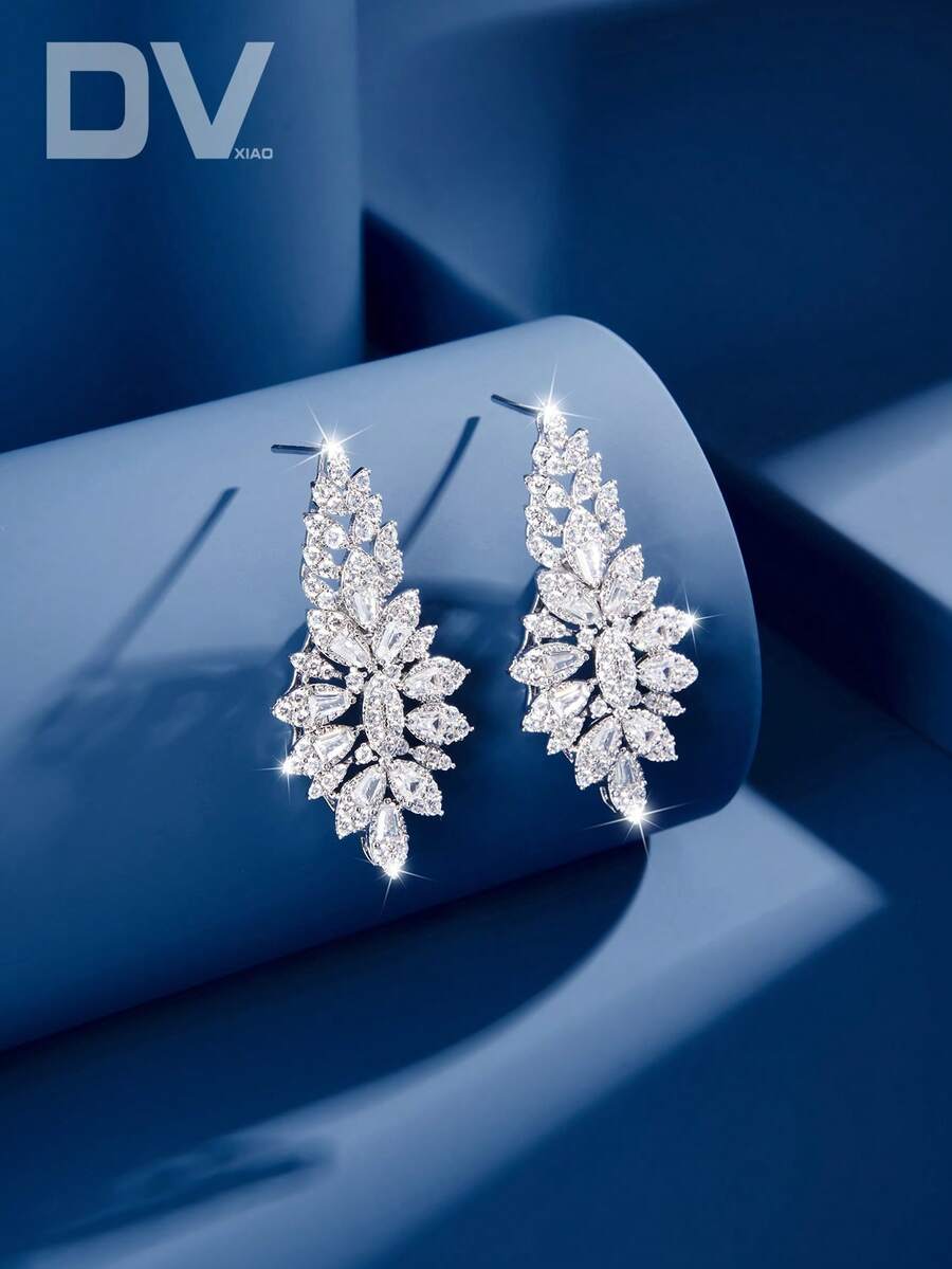 DV JEWELRY 1 Cặp bông tai mặt dây chuyền Cubic Zirconia mạ bạch kim, Quà tặng trang sức sang trọng cho phụ nữ dự tiệc, đám cưới, kỷ niệm, có hộp quà tặng