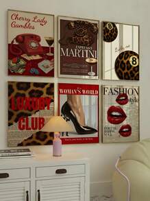 1/6Pcs Set Living Room Decor Retro Girly Canvas Poster – Y2K Fashion Prints, Canvas Wall Decor & Home Decor Living Room Accents, Stylish Leopard Wall Art & Posters For Room Decor, Bold Red Funky Home Decor Statement