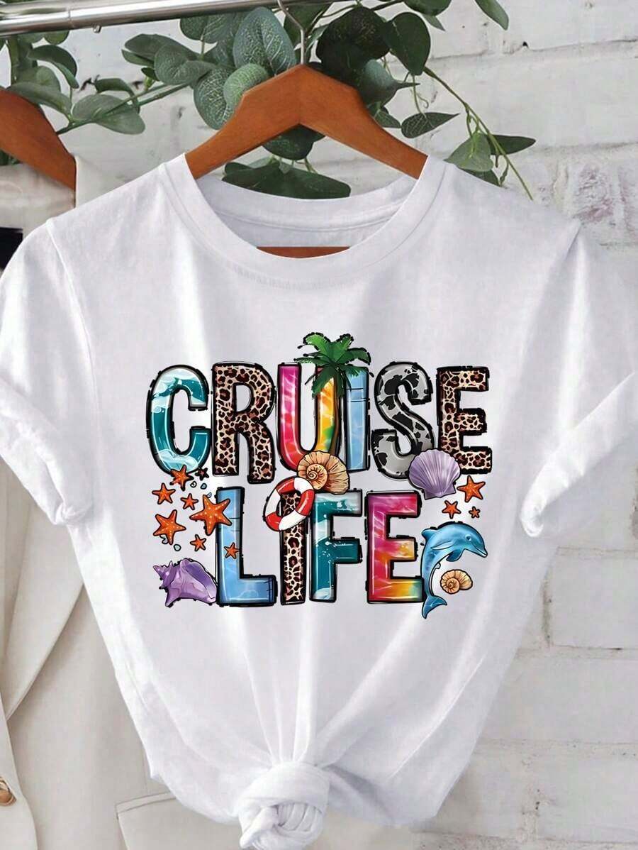 Women "Cruise Life" Summer Vibe Letter Print Short Sleeve Crew Neck T-Shirt2025 - trắng - Xem 1
