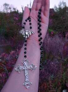 1 pièce Collier de chapelet fait main, perles de prière, pendentif croix traditionnel, charme de chauve-souris de sorcier, bijoux gothiques d'Halloween