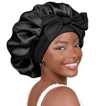 1 件女士柔软缎面系带软帽，时尚睡帽，舒适透气，适合居家和日常使用，可做头发造型和保护 - 黑色 - 查看 1