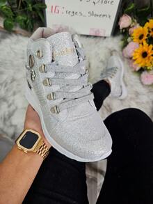 Tenis Zapato de Mujer Plataforma con  Brillos  Glitter  Cuña,  Cómodos, con detalles Métalicos Cadena , Juvenil     Casual  Fiesta  Al aire libre  Sexy          Fiesta  Oficina  Casa  Exterior Ideal para Graduación , Versátiles 2026 - Plateado - Ver 3