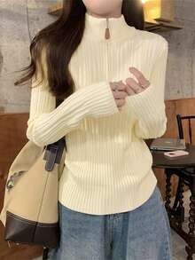 Women's Zip-Up Turtleneck Knitted Sweater Top, High-End, Long Sleeve, Layering Design, Fashionable, Autumn/Winter