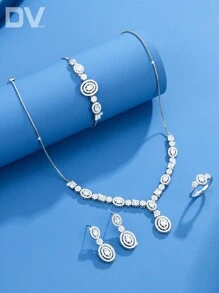 DV JEWELRY 5Pcs/Set Stretch Cubic Zirconia White Gold Plated Luxury Necklace Bracelet Earrings Open Ring Jewelry Set, Women's Glamour Jewelry For Date, Mother's Gift, Party, Anniversary With Gift Box