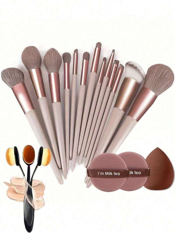 13pcs Makeup Brush Set + 1pc #4 Foundation Brush + 1pc Brown Makeup Sponge + 2pcs Round Powder Puff For Eyeshadow, BB Cream, Concealer, Blush, Complete Soft Makeup Tools For Women