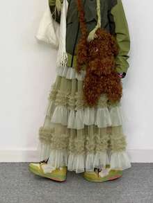 Stylish Layered Contrast Color Cake Skirt For Women, Sweet Fairy Mesh Tulle Skirt, Spring/Summer New Arrival - Green - View 3