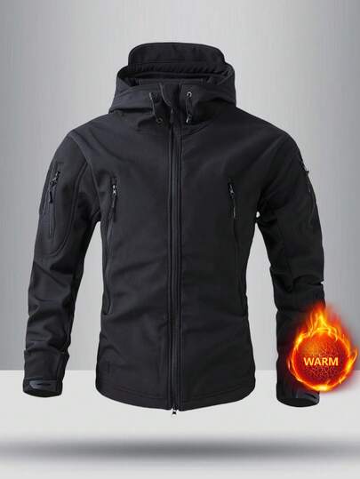 1 件男士新款秋冬保暖时尚百搭运动户外徒步连帽休闲软壳夹克，抓绒
