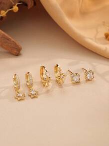 Set de 3 pares de aretes: Pendientes diminutos con estética Y2K, abrazaderas con estallido celestial, pendientes de flor, dije de estrella con pavé de CZ, aleación chapada en oro de 14k, hipoalergénico, kit para apilar en las orejas para amantes de la joyería de moda, accesorio casual con brillo