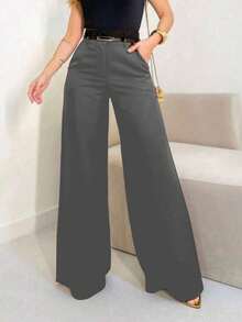 Women's Tailored Dress Pants With Belt - Grey - View 1