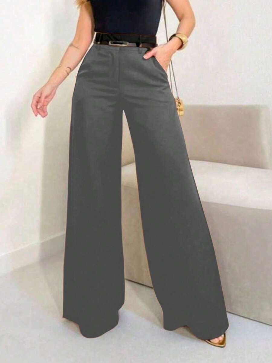 Women's Tailored Dress Pants With Belt - Grey - View 1