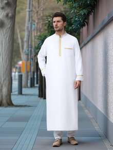 Túnica larga árabe para hombres, diseño de cuello alto, tela suave y agradable para la piel, adecuada para ocasiones diarias como Eid, Ramadán, bodas - Blanco - Ver 6