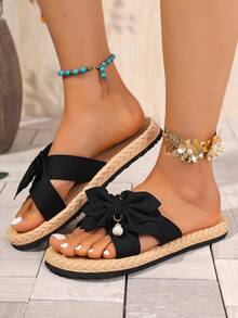 Sandalias de verano para mujer talla grande, con diseño plano de moda, con cierre deslizante, adorno de lazo y cuentas, antideslizantes, transpirables, para la playa - Negro - Ver 2