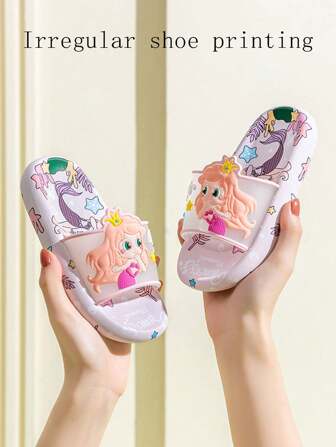 A Pair Of 2025 Summer Children's Cute Cartoon Purple Mermaid Cool Slippers For Indoor And Outdoor Leisure, Comfortable, Non Slip Soft Bottom Home Slippers