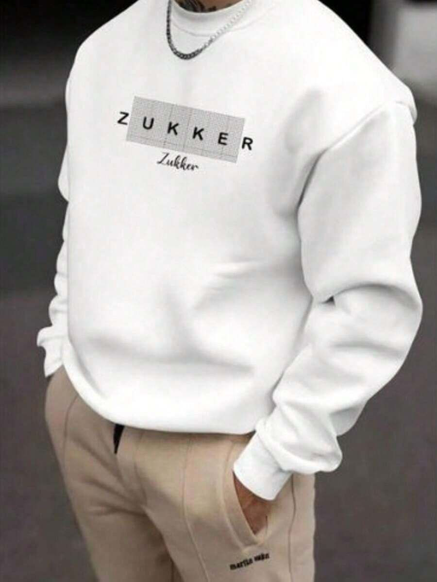 Zukker Men's Crew Neck Sweatshirt Cotton Coat Flannel Cold Weather Blouse Immediate Shipping - White - View 1