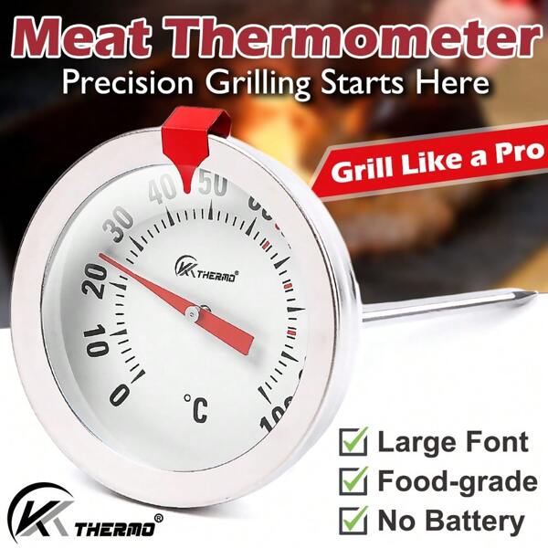 KT THERMO Termómetro de lectura instantánea de acero inoxidable para barbacoa y cocina. Pantalla dual/Fahrenheit, ideal para carne, leche y talla grande.