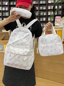 Conjunto de 3 piezas de mochila, estuche para lápices y bolso de mujer con estampado de moño, ligero y espacioso, adecuado para la temporada de regreso a la escuela - Multicolor - Ver 12