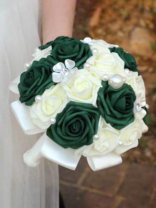 1 Buquê de Estilo Coreano com Flor de Concha de Pérola, Elegante Rosa Verde Escuro com Fita de Cetim, Buquê de Noiva Dama de Honra, Simulação de Espuma PE de Rosa, Flor PE Artificial PE527