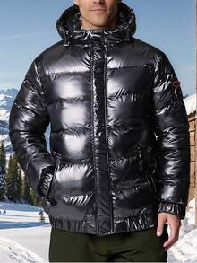 男士长袖亮面PU皮革绗缝外套，保暖冬季休闲通勤街头服饰，可拆卸帽子设计 - 黑色 - 查看 6