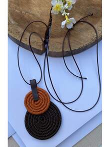 Women's Long Necklace Color Handmade Mandal Pendant - 19.棕色/赤陶色 - 查看 2