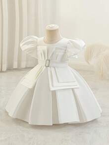 Vestido de princesa morado chic con mangas abullonadas - Longitud hasta la rodilla, con cinturón, dobladillo acampanado para fiestas de cumpleaños y actuaciones de jóvenes, vestidos para jóvenes - Blanco - Ver 3