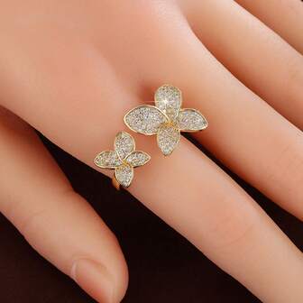 1pc Elegant 2pcs Four-Leaf Flower Shaped Cubic Zirconia Adjustable Ring For Women
