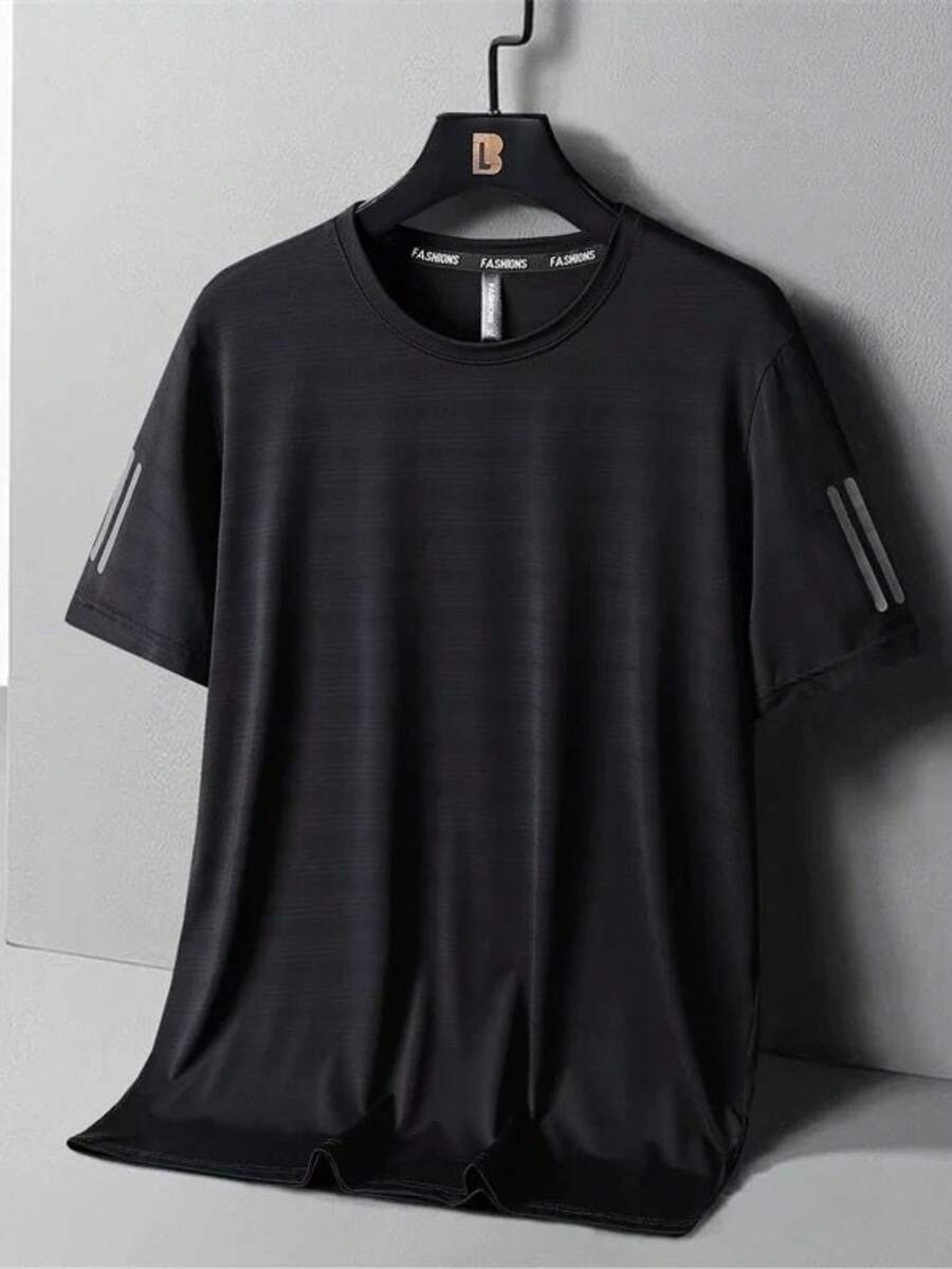 2388#Men's Ice Silk Printed T-Shirt – Slim Fit, Essential Summer Sport Style - 黑色 - 查看 1