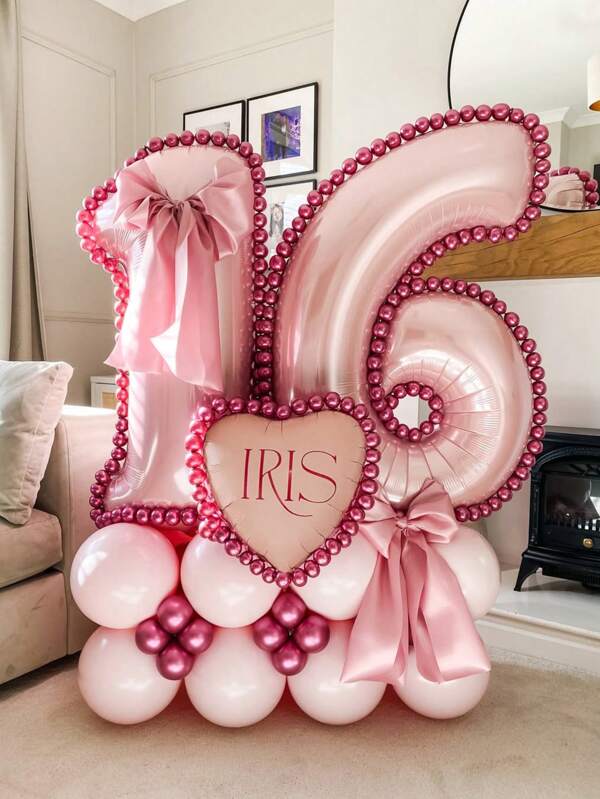 Set de 43 globos tipo pilar con número en color rosa, que incluye globos de números de 32" (81,28 cm) de lámina de color rosa, globos redondos de látex de color rosa macarrón y rojo metálico, adecuados para decoración de aniversarios, cumpleaños, bodas, graduaciones, vacaciones y fiestas