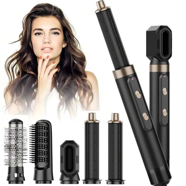 Ensemble de 5 en 1 pour la mise en pli des cheveux, comprenant un boucleur à air automatique gauche/droite, une brosse bouclante ronde, une brosse lissante et une buse de séchage. Brosse sèche-cheveux pour un séchage rapide et des boucleurs à air chaud automatiques pour boucler les cheveux sans dommages par la chaleur. Cadeau idéal pour les fêtes.