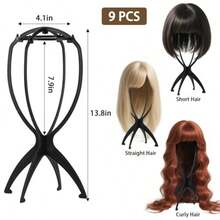 Tecbeauty 9 Pcs Wig Stand Portable Wig Holder Wig Head Stand For Women Multiple Wigs Black 01 - 黑色 - 查看 2