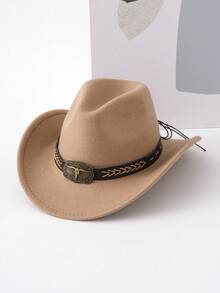 Um chapéu de cowboy retrô, adequado para homens e mulheres. Um chapéu clássico de aba larga, feito de feltro e poliéster, 100% neutro, equipado com acessórios de tira entrelaçada com fios de cabeça de touro, bordas rígidas reforçadas, perfeito para festas, dramatizações ou como presente. - Chapéu de cabeça de ovelha de corda de cânhamo - Ver 6