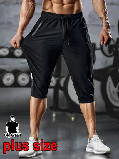 Plus Size Men's High Elastic Breathable Fabric Capri Pants With Drawstring Waistband And Zippered Pockets, Suitable For Gym, Jogging, Casual Occasions, Reflective