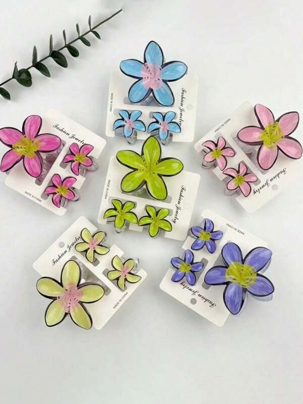 3pcs/18pcs Graffiti Flower Hair Clips Set, 8cm & 4cm Combo, ABS Material Versatile & Cute Hibiscus Hair Claws, Suitable For Women's Daily Life, Casual, Party, Commute, Beach Holiday - Hair Accessories, Best Gift Choice For Celebrating Festivals, Birthdays, Anniversaries Or Graduations