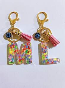 1 pieza Llavero con inicial de alfabeto, llavero de pompón de peluche lindo, accesorio colgante para bolso, mochila, coche, mujer y niña. Llavero de resina con lentejuelas, accesorios para billetera y bolso, llavero con borlas, inicial de alfabeto de la A a la Y, accesorios para coche, ideas de regalo de Navidad gótico y Y2K