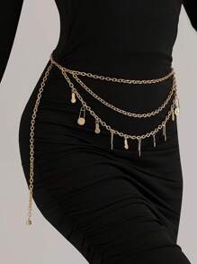 1pc Gold Paper Clip-Shaped Tassel Waist Chain, Fashionable Exaggerated Women Waistband Body Jewelry For Party/Club