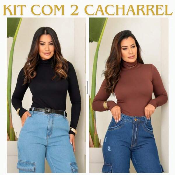 Blusa Cacharrel Feminina Gola Alta Manga Longa Kit Com 2 Peças