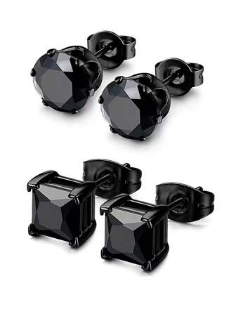 2 Pairs Unisex 6mm Square CZ Stud Earrings, Fashionable Stainless Steel Ear Piercing Jewelry