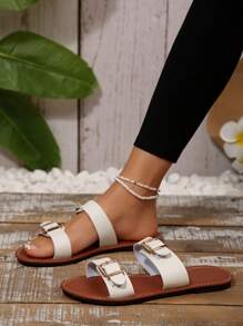 Sandalias de mujer de talla grande, de punta abierta y deslizamiento, sandalias planas minimalistas cómodas con decoración de hebilla metálica, zapatos de playa casuales de verano