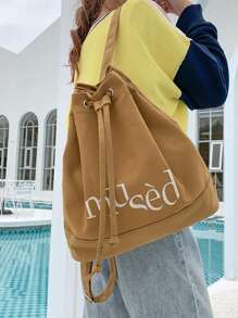 Mochila Saco com Cordão Estampa de Letra Casual na Moda, Mochila de Viagem e Férias